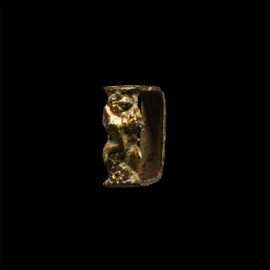 Tudor or Stuart Gilt Bronze Strap Fitting with Hunting Scene