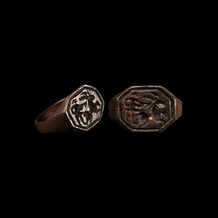 Medieval Bronze Ring with Hunting Scene