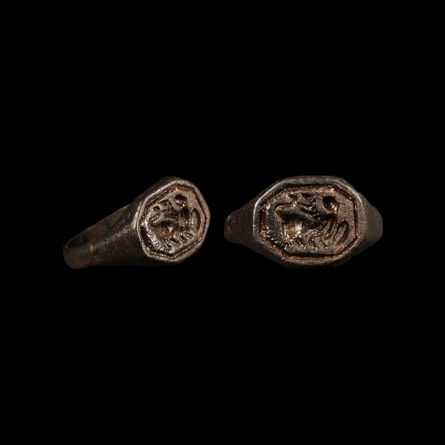 Medieval Bronze Signet Ring with Winged Griffin