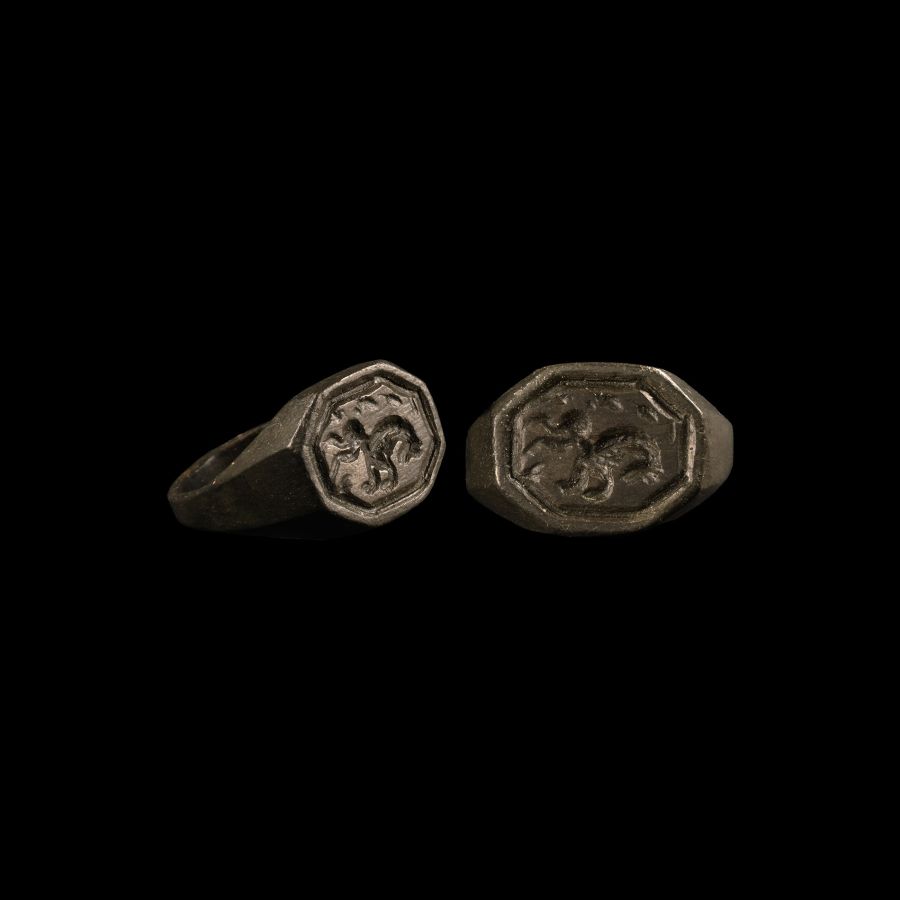 Post Medieval Bronze Signet Ring with Rearing Horse