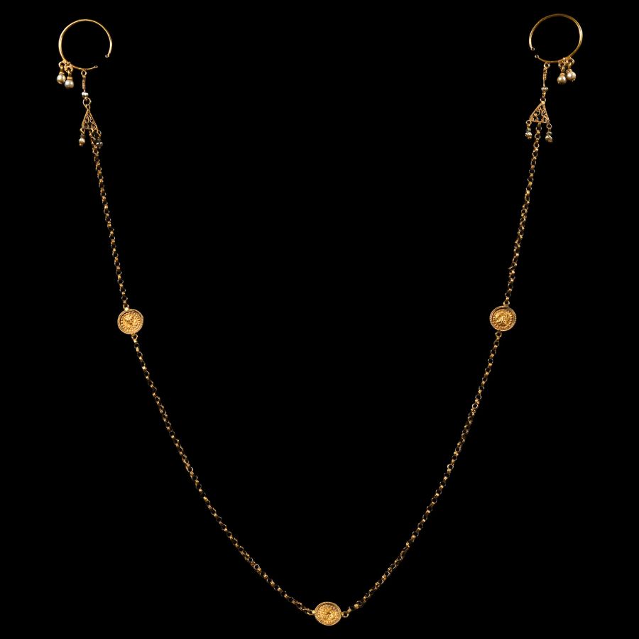 Byzantine Gold Hair Ornament with Earrings and Original Chain