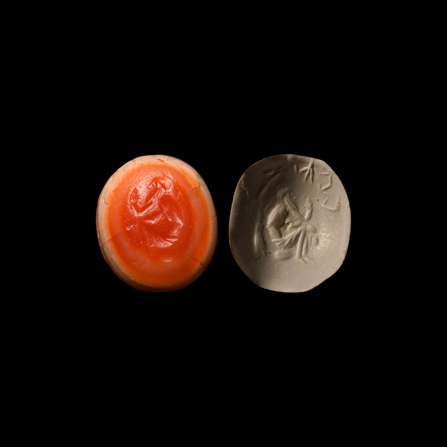 Roman Inscribed Orange Sardonyx Gemstone with Philosopher Seated Under a Tree