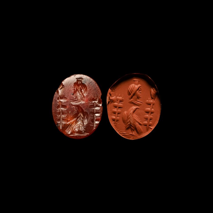 Roman Carnelian Gemstone with Serapis and Eagle Between Two Military Standards