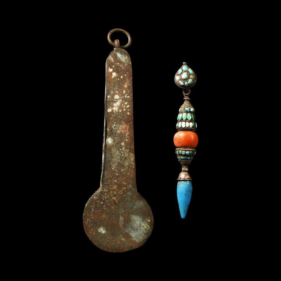 Tibetan Cased Masculine Earring with Turquoise and Coral Inlays