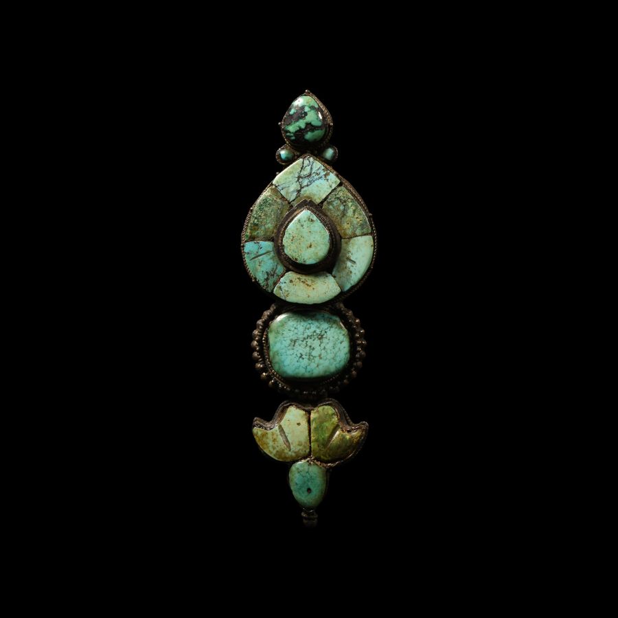 Tibetan Large Silver Brooch with Turquoise Inlays
