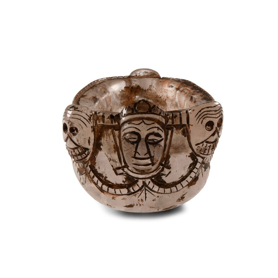 Large Tibetan Rock Crystal Kapala Vessel with Citipati Faces