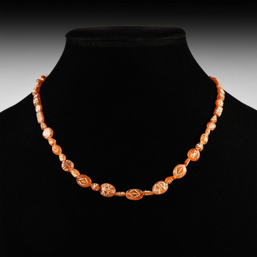 Indus Valley Etched Orange Carnelian Bead Necklace String