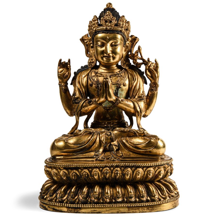 Sino-Tibetan Gilt Bronze Seated Figure of Four-Armed Guanyin