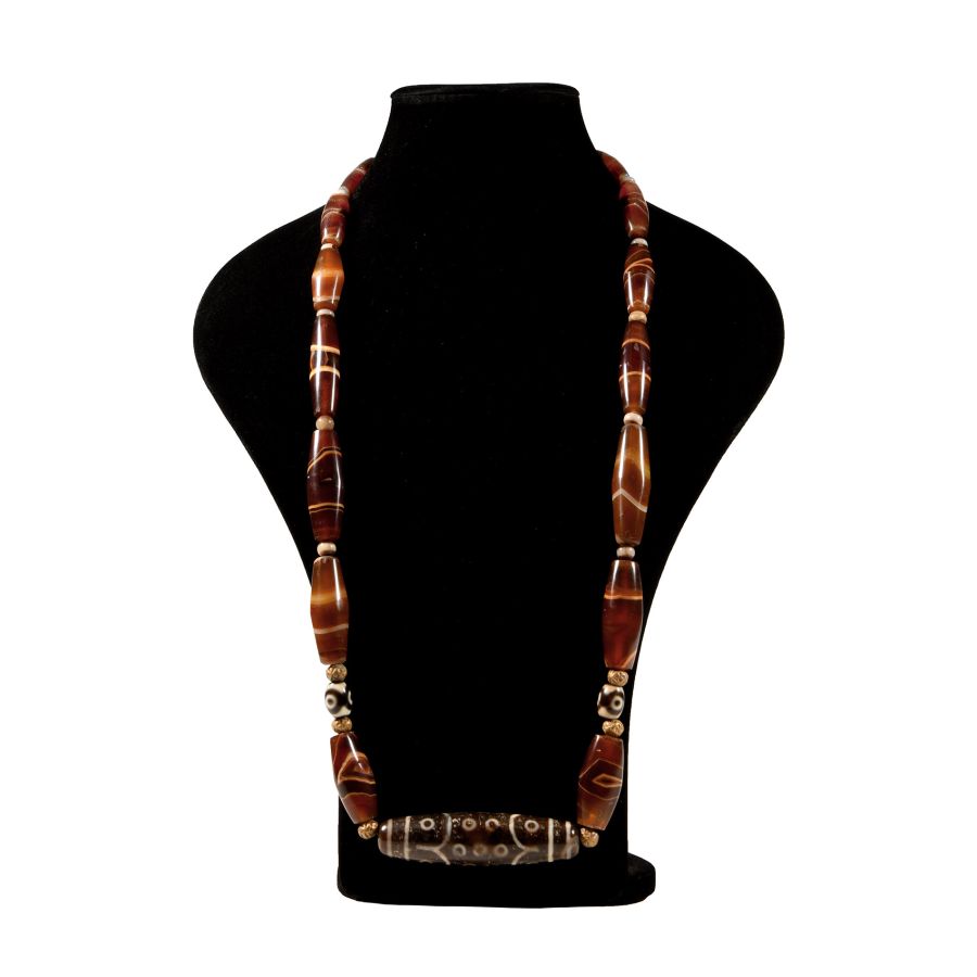 Tibetan Banded Agate Bead Necklace with Glass Eye Beads