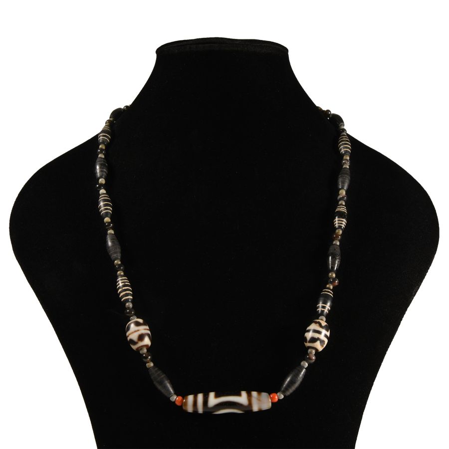 Tibetan Banded Agate and Glass Bead Necklace