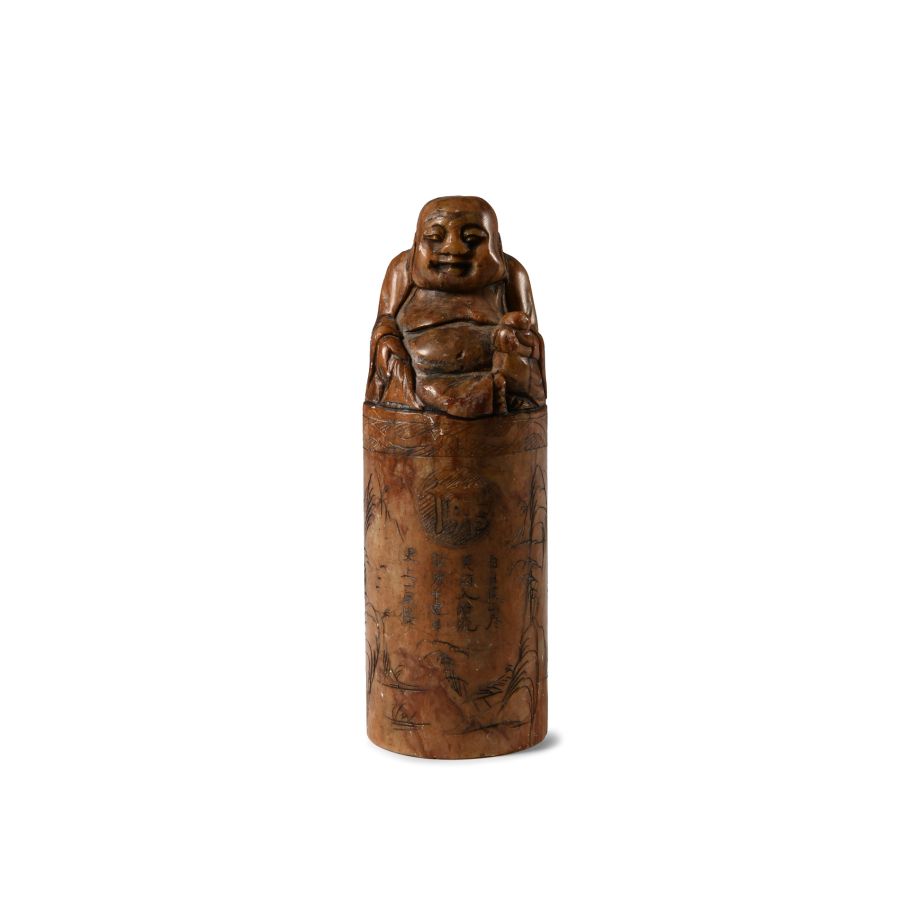 Chinese Columnar Stone Seal with Seated Figure