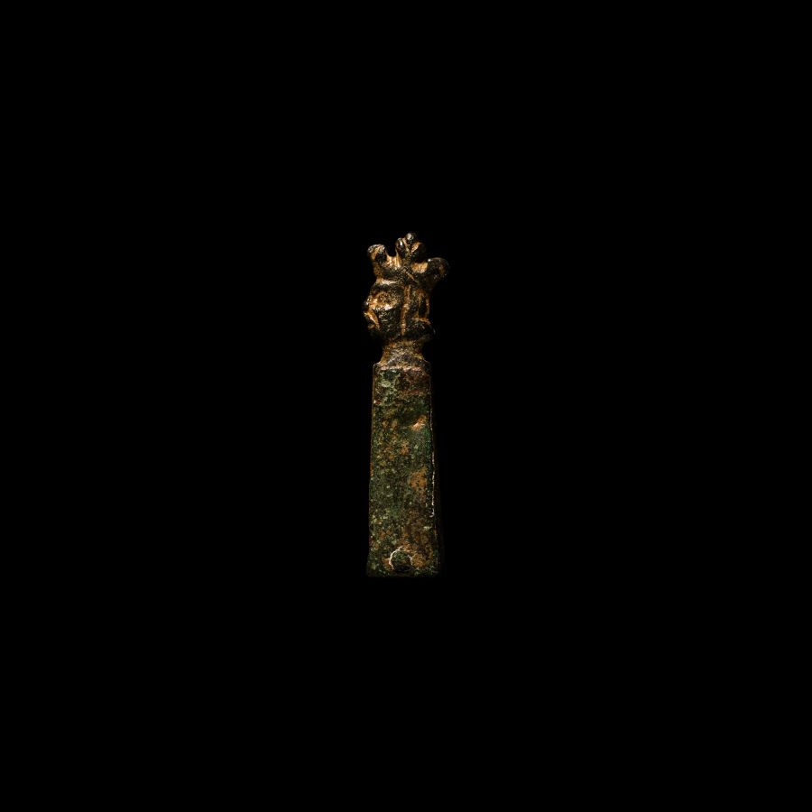 Medieval Bronze Strap End with Crowned Head of a King