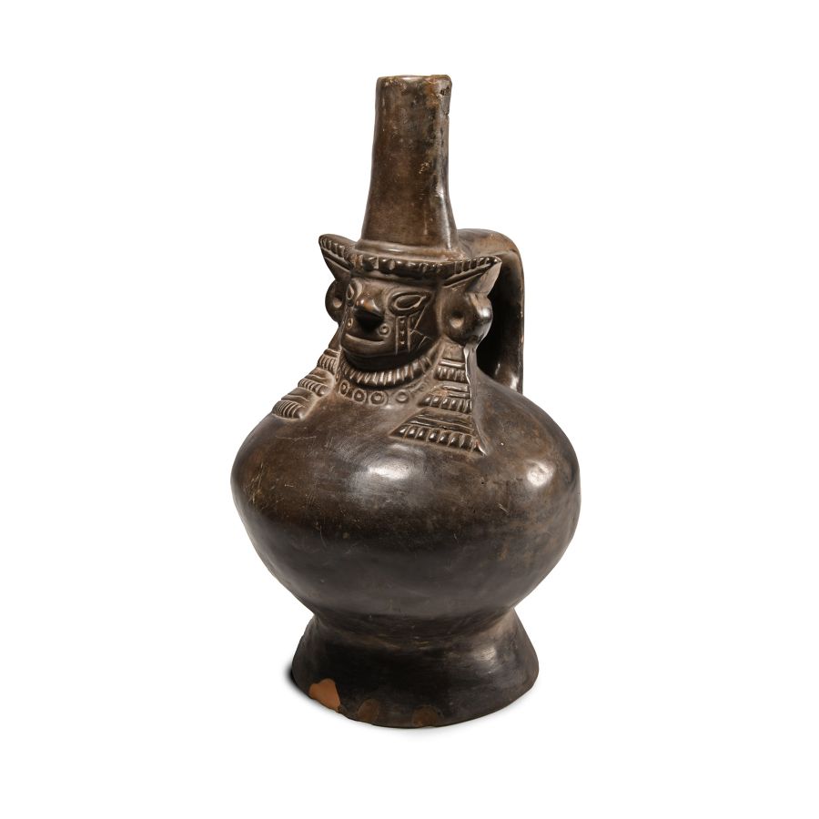 Pre-Columbian Lambayeque Blackware CeramicMasked Lord Vessel