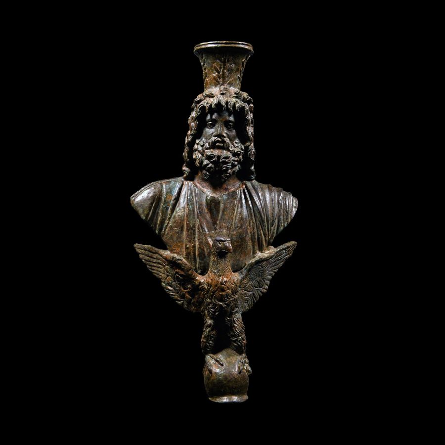 Large Roman Bronze Staff Finial with Bust of Serapis