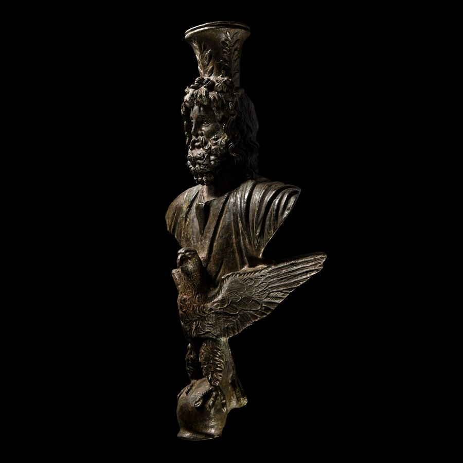 Large Roman Bronze Staff Finial with Bust of Serapis