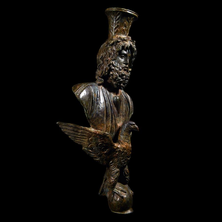 Large Roman Bronze Staff Finial with Bust of Serapis