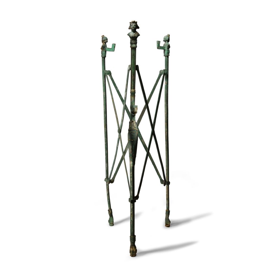 Roman Bronze Folding Tripod with Bacchus Busts and Panther