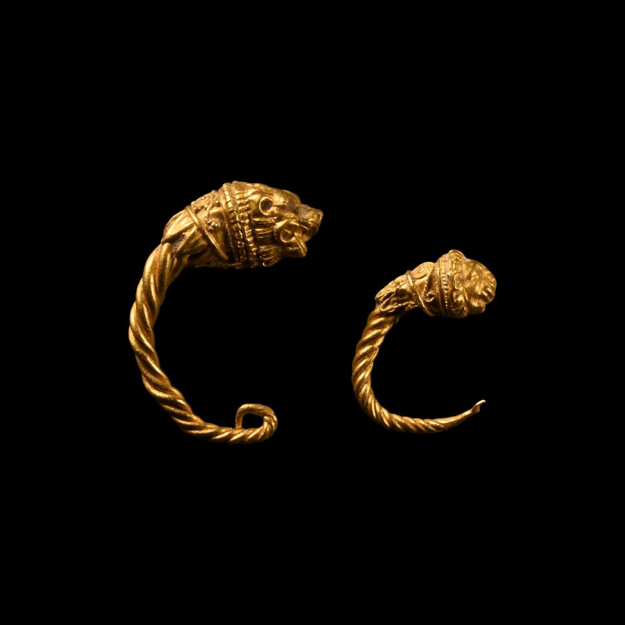 Greek Gold Earring Pair with Lion Heads