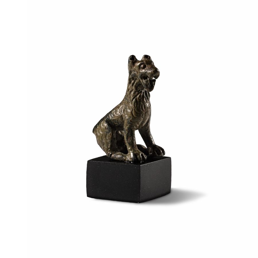 Roman Bronze Seated Long-Haired Dog Statuette