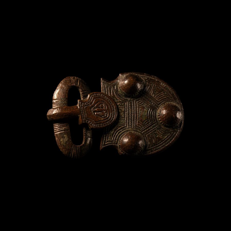 Frankish Bronze Buckle with Face and Globular Rivets