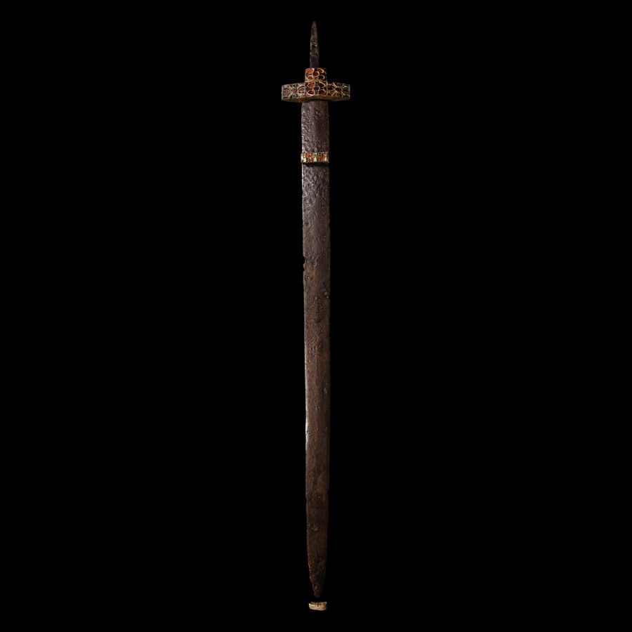Migration Period Iron Sword with Garnet Cross Guard and Scabbard Fittings
