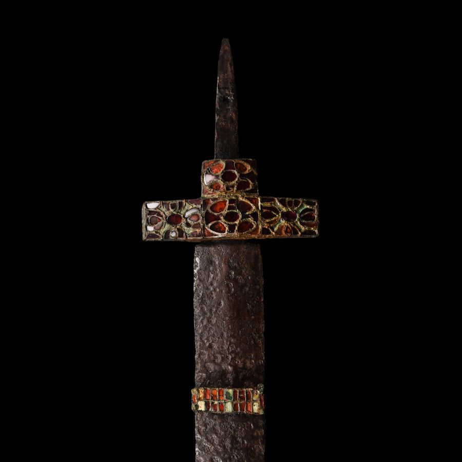 Migration Period Iron Sword with Garnet Cross Guard and Scabbard Fittings
