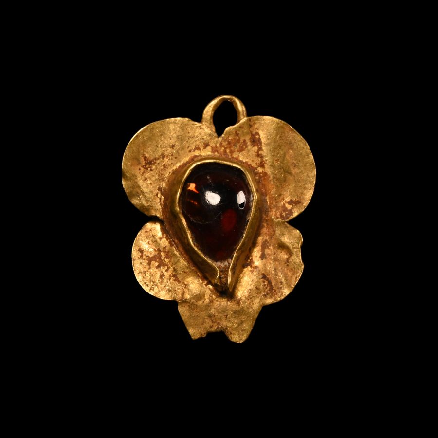 Medieval Gold Leaf-Shaped Pendant with Garnet
