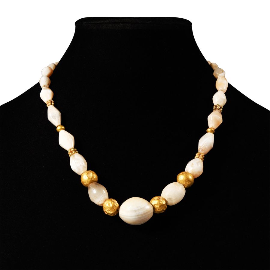 Western Asiatic White Agate and Gold Bead Necklace