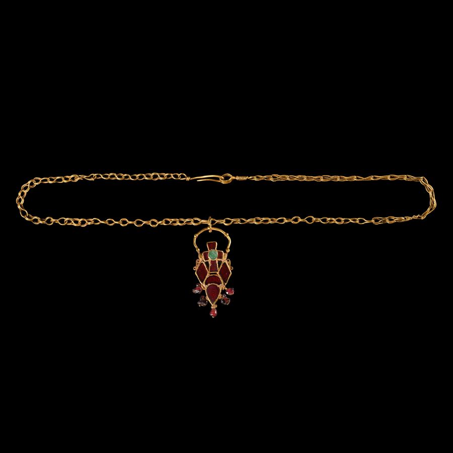 Dark Age Gold and Gemstone Pendant Cross Necklace with Dove-Shaped Garnets