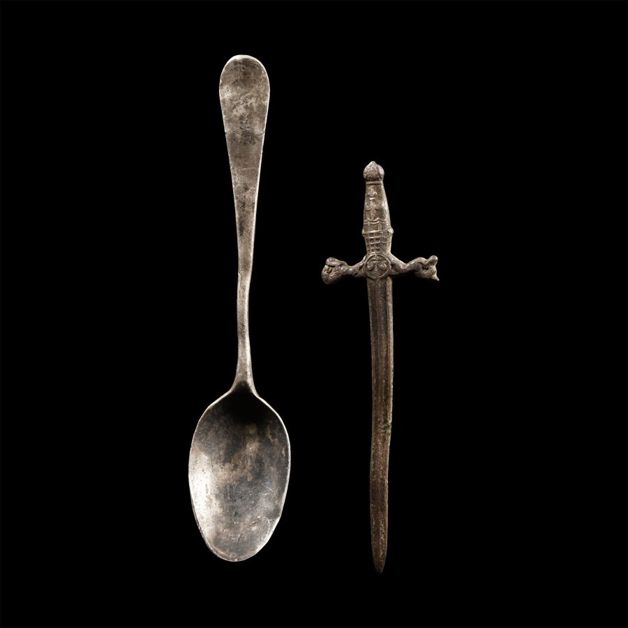 Post Medieval Silver Spoon with Monogram and Bronze Sword Retainer's Badge