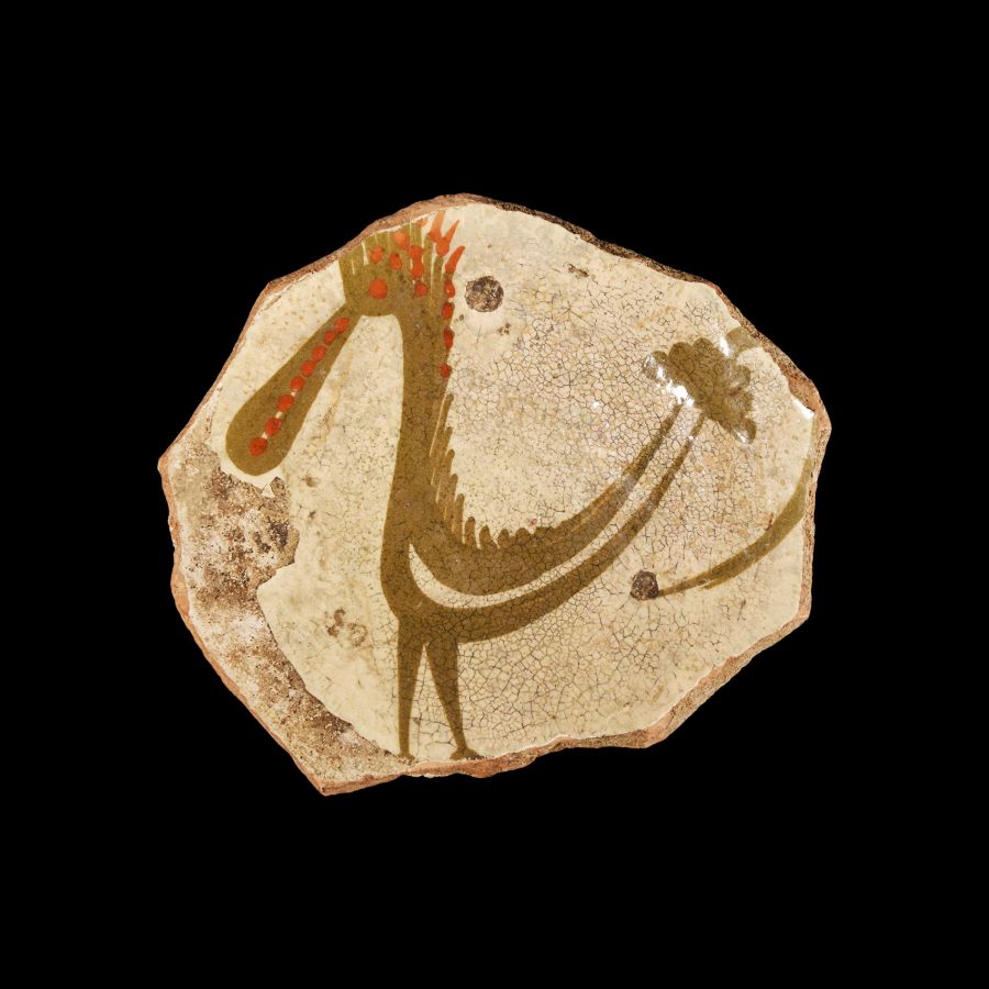 Central Asian Slip-Painted Pottery Fragment with Hoopoe