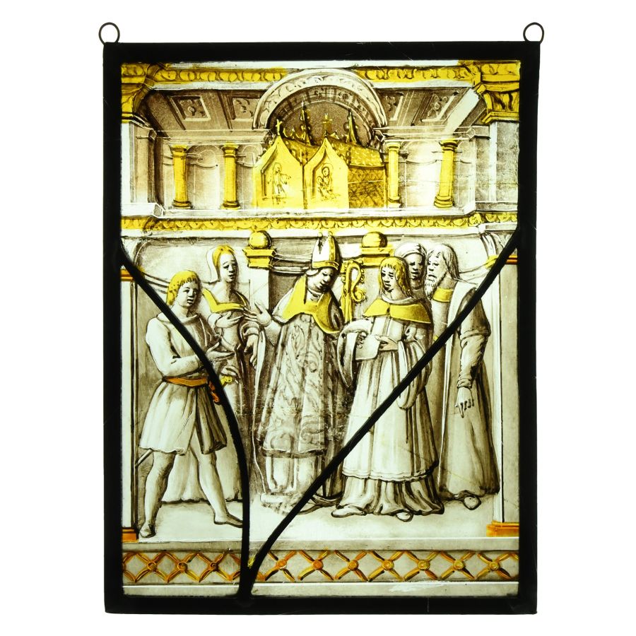 Medieval Stained Glass Panel with Bishop Hearing Disputes Beneath Gold Reliquary Caskets