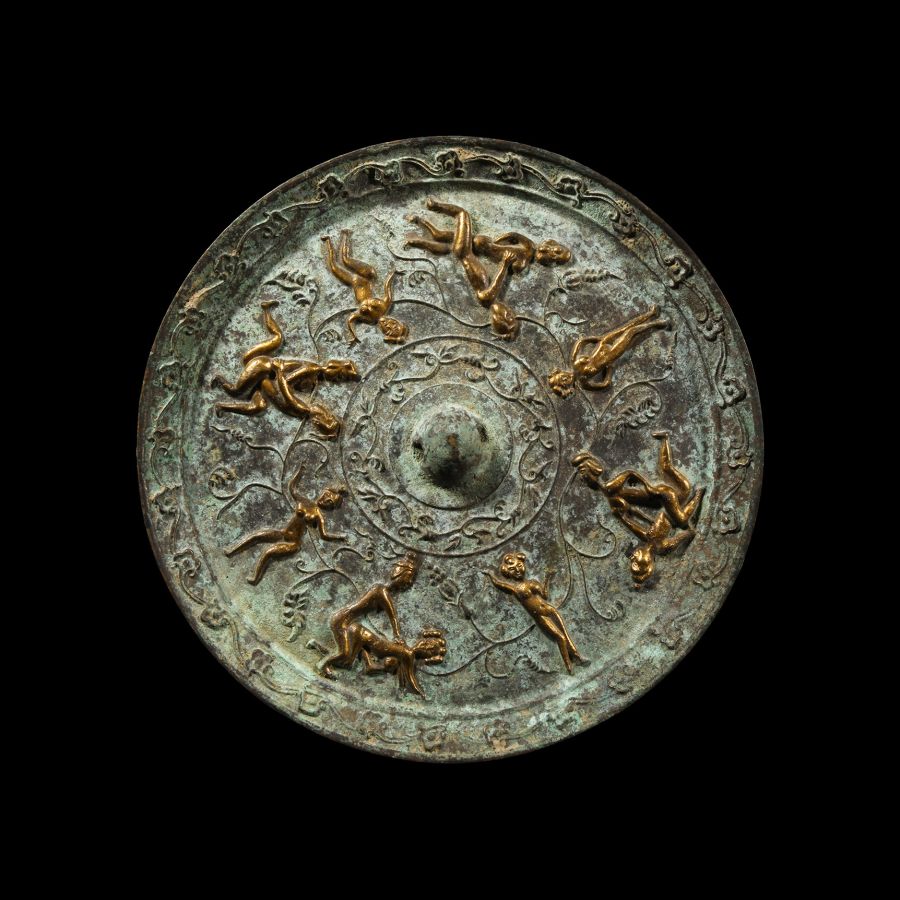Chinese Tang Style Gilt Bronze Mirror with Erotic Scenes