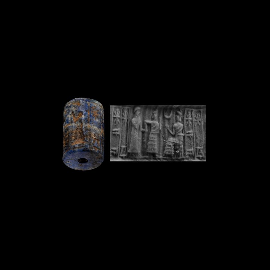 Old Babylonian Lapis Lazuli Cylinder Seal for (the god) Shamash, (and goddess) Aya