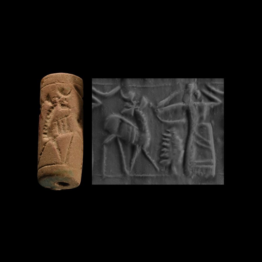 Western Asiatic Frit Cylinder Seal with Hunting Scene