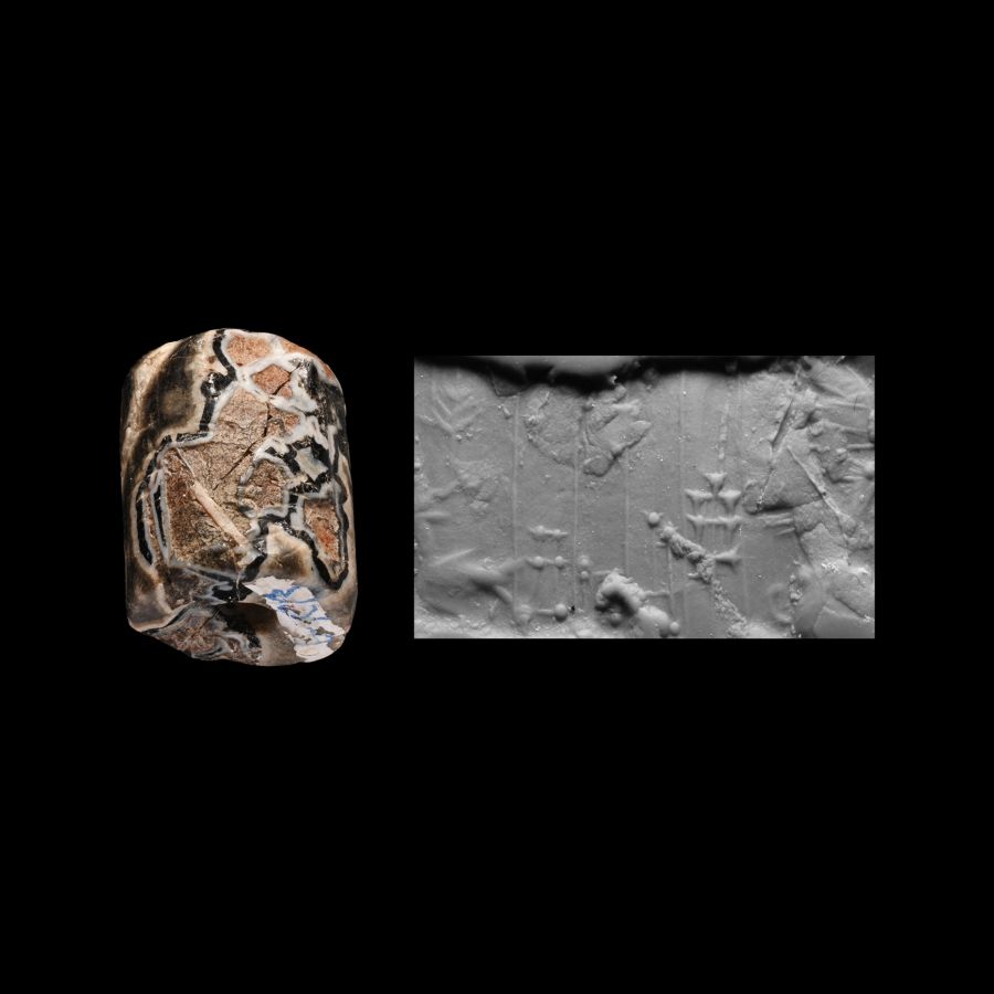 Western Asiatic Mottled Agate Cylinder Seal Section with Figures