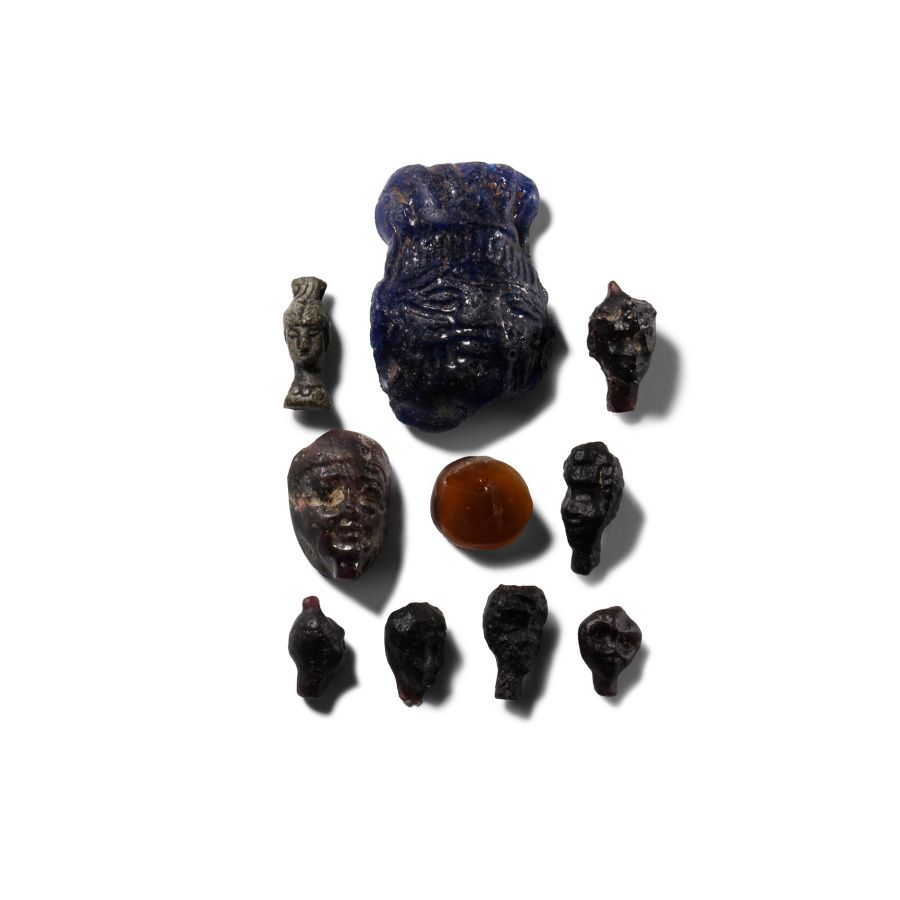 Romano-Egyptian Glass Head Amulet and Gem Collection