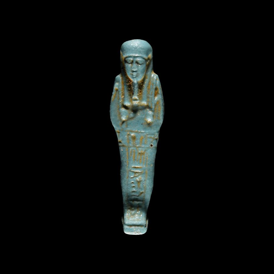 Egyptian Blue Faience Shabti with Hieroglyphic Inscription