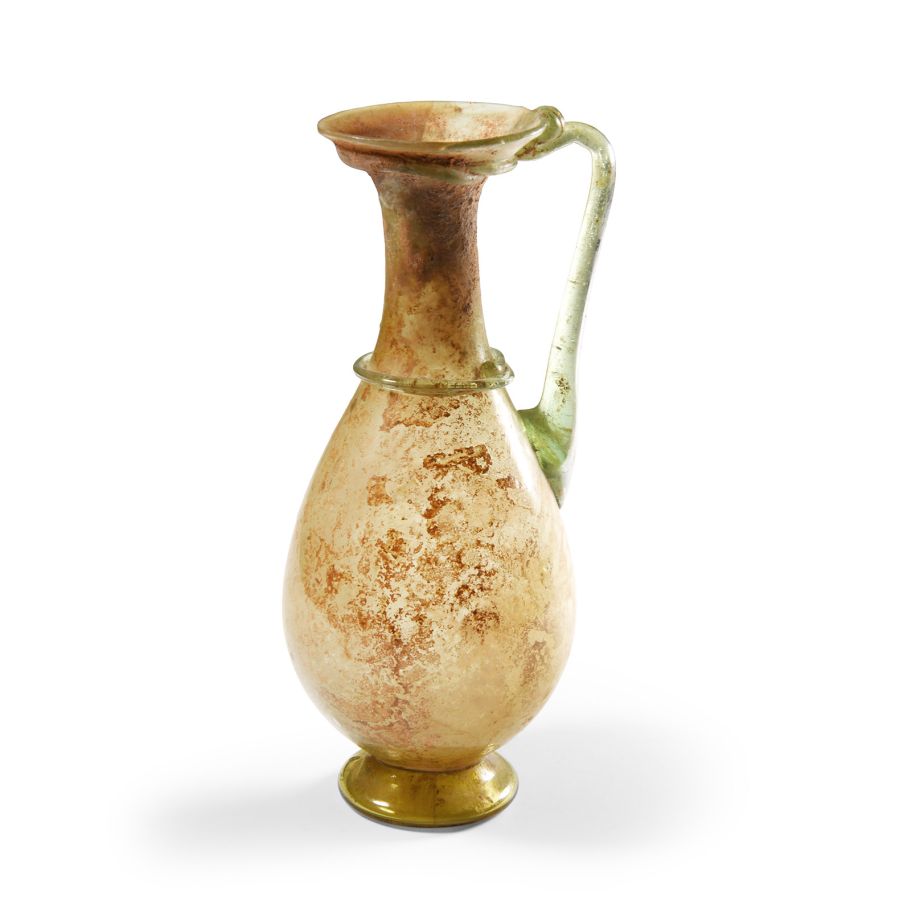 Roman Green Glass Pitcher with Applied Handle and Trail