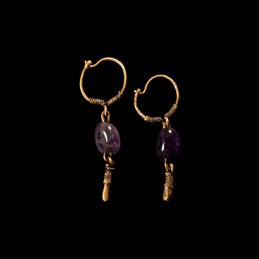 Viking Age Gold Earrings with Amethyst Gemstones
