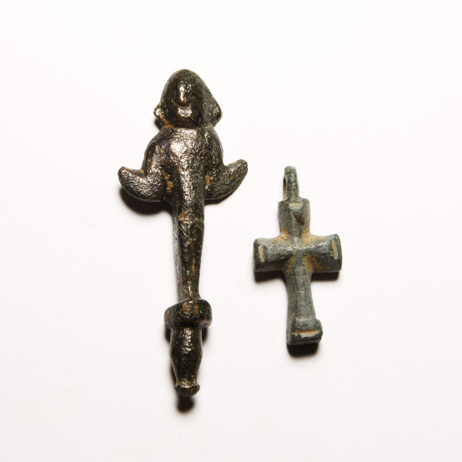 Byzantine Bronze Cross Pendant and Angel Finial