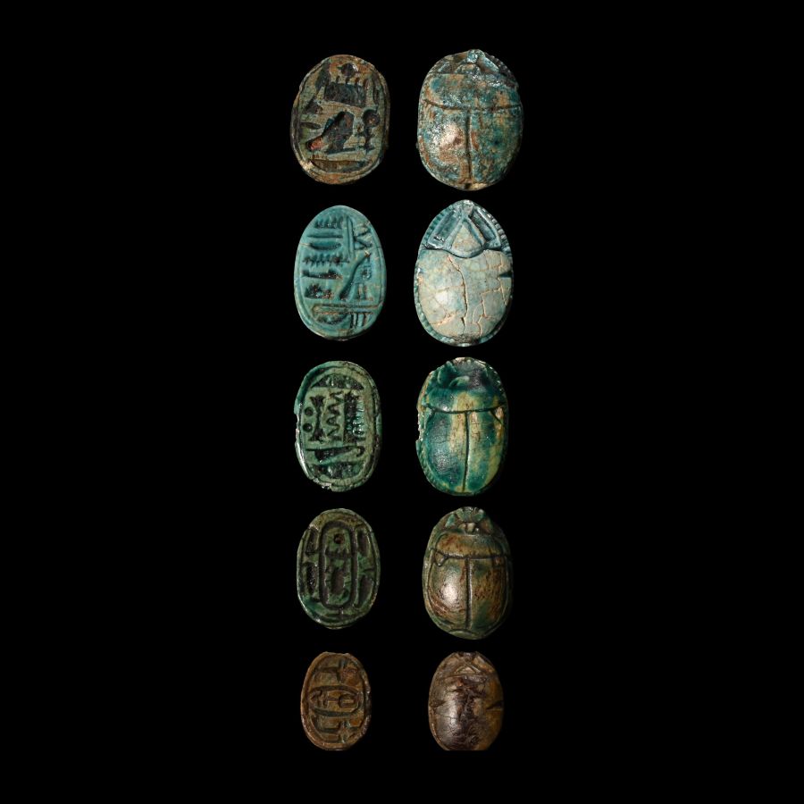 Egyptian Faience Hieroglyphic Scarab Group