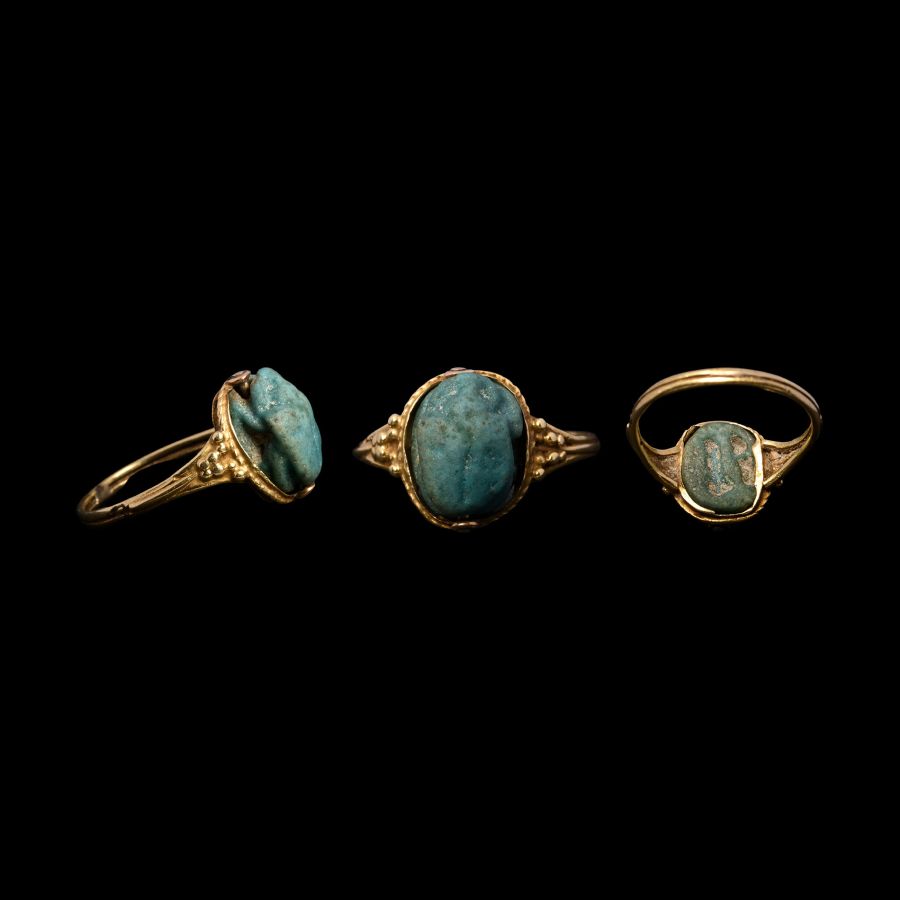 Egyptian Faience Scarab in Gold Swivel Ring