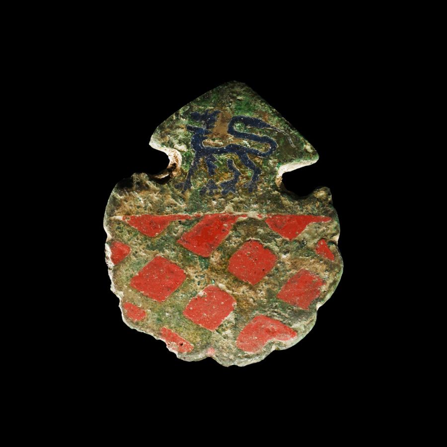 British Medieval Knight's Enamelled Gilt-Bronze Mount with Blue Heraldic Lion