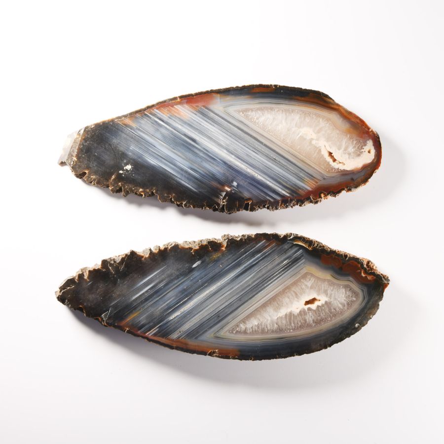 Natural History - Large Size Cut Malawi Agate Crystal Geode Slice Pair