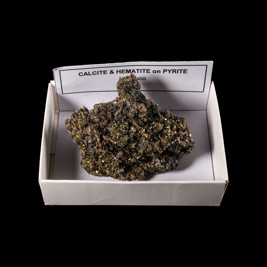 Natural History - Calcite and Hematite on Pyrite Crystal Specimen