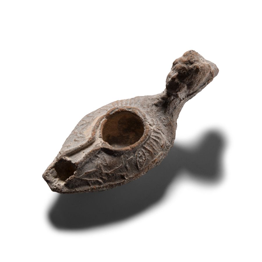 Byzantine Terracotta Slipper Oil Lamp with Head of a Goddess