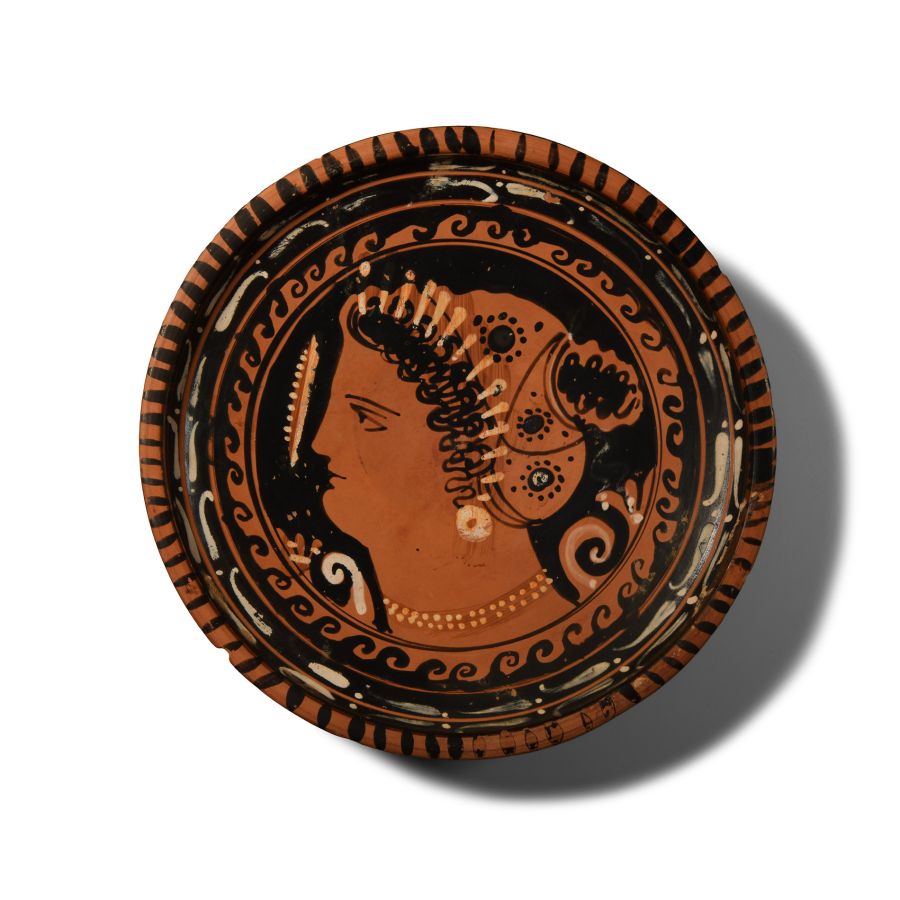 Greek Red Figure Dish with Lady of Fashion
