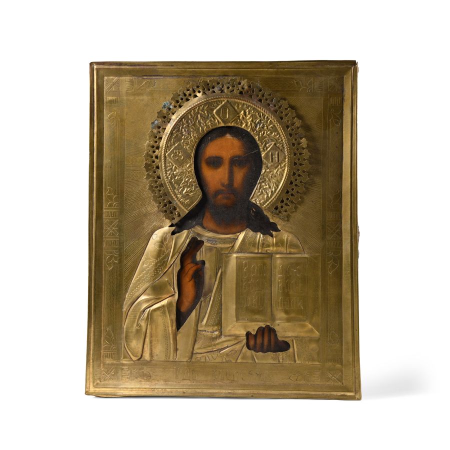 Russian Orthodox Painted Icon with Gilt Brass Oklad
