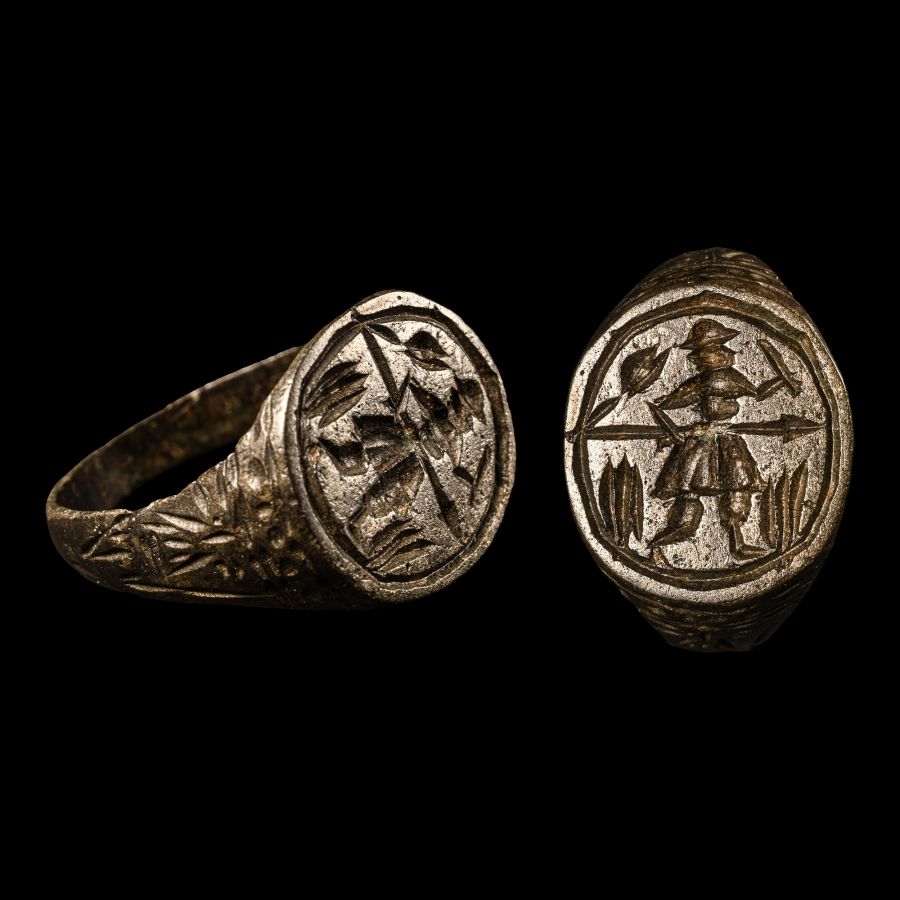 Tudor Period Tinned Bronze Signet Ring with Armed Soldier